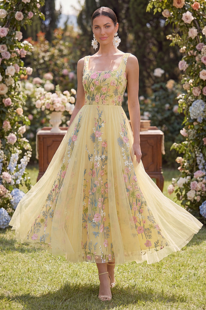 Load image into Gallery viewer, Yellow Square Neck Butter A Line Maxi Floral Formal Dress