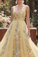 Load image into Gallery viewer, Yellow Square Neck Butter A Line Maxi Floral Formal Dress