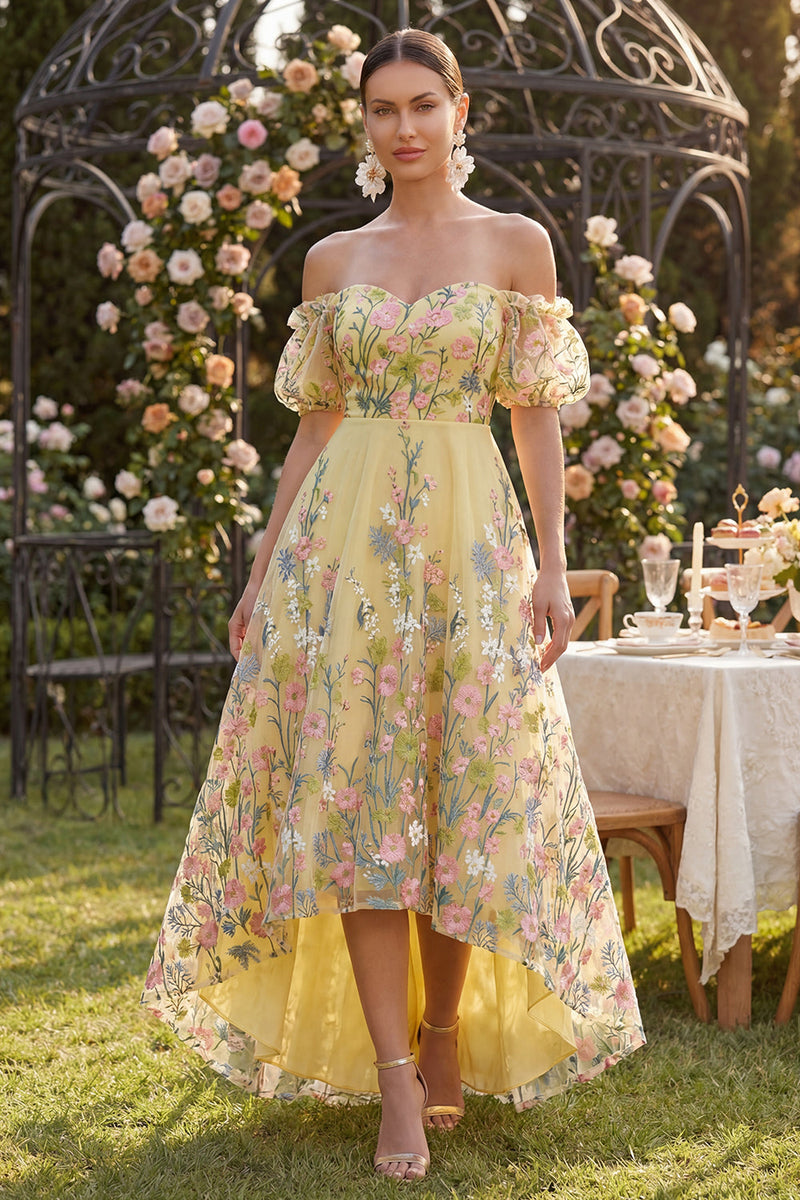 Queendancer Women Butter Yellow Floral A Line Puff Sleeves Off the Shoulder High Low Formal Dress – queendancer