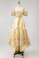Load image into Gallery viewer, Yellow Puff Sleeves Floral A Line Butter High Low Formal Dress