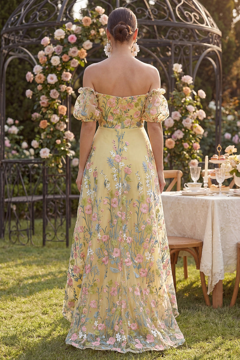 Load image into Gallery viewer, Yellow Puff Sleeves Floral A Line Butter High Low Formal Dress