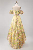 Load image into Gallery viewer, Yellow Puff Sleeves Floral A Line Butter High Low Formal Dress