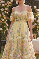 Load image into Gallery viewer, Yellow Puff Sleeves Floral A Line Butter High Low Formal Dress