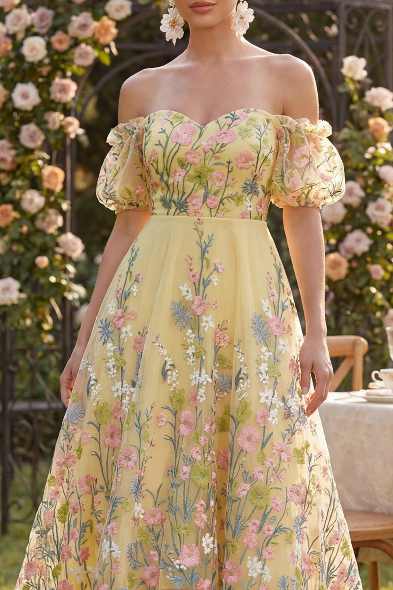 Load image into Gallery viewer, Yellow Puff Sleeves Floral A Line Butter High Low Formal Dress
