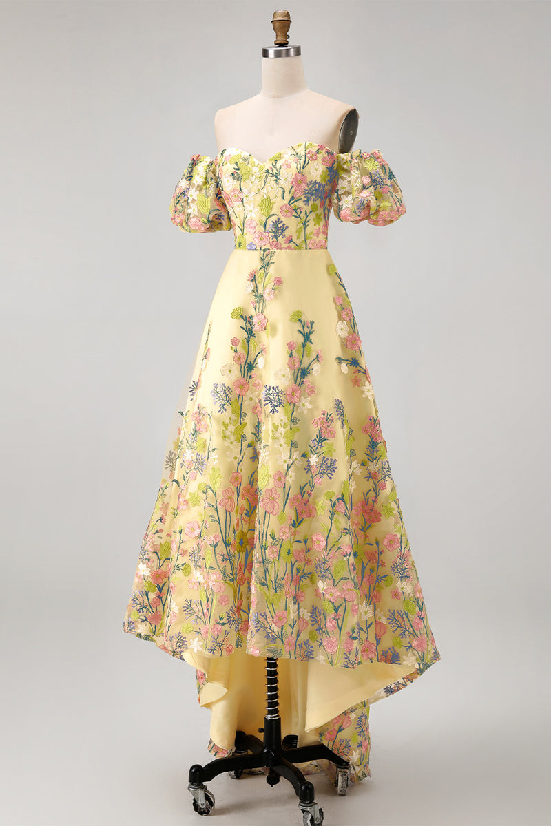 Load image into Gallery viewer, Yellow Puff Sleeves Floral A Line Butter High Low Formal Dress
