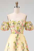 Load image into Gallery viewer, Yellow Puff Sleeves Floral A Line Butter High Low Formal Dress