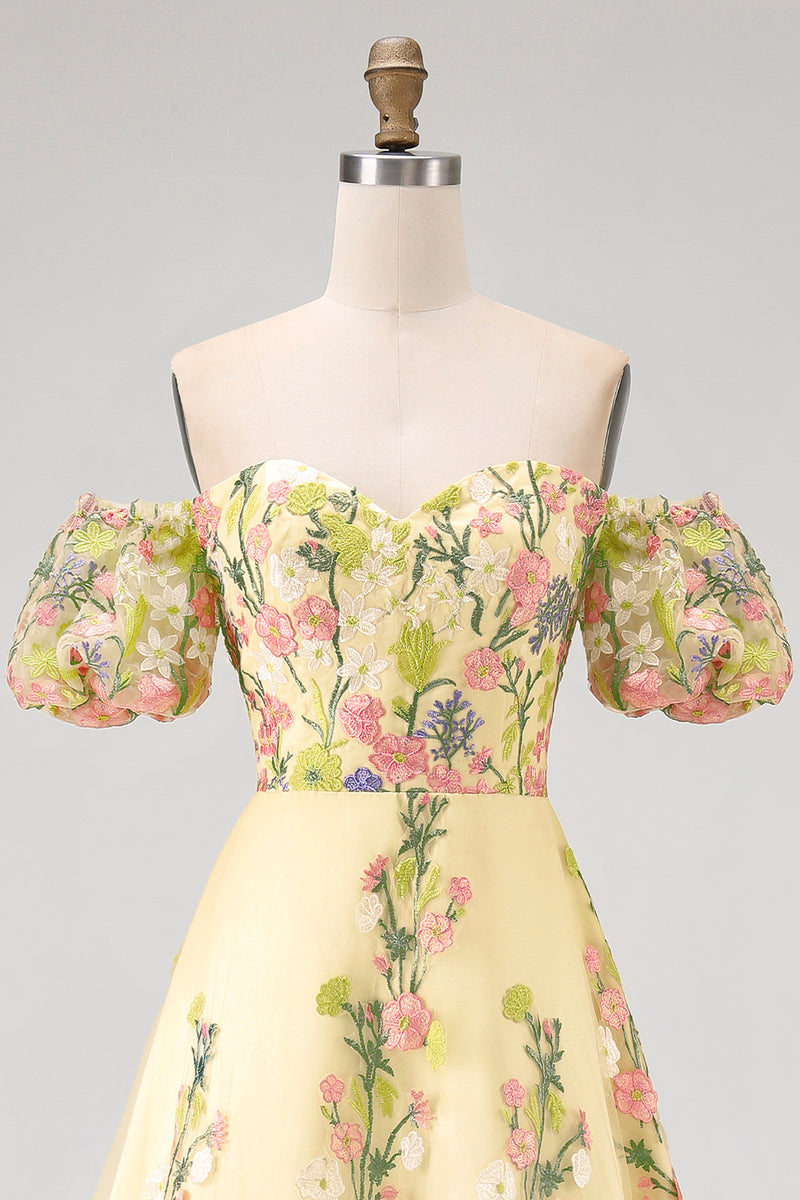 Load image into Gallery viewer, Yellow Puff Sleeves Floral A Line Butter High Low Formal Dress