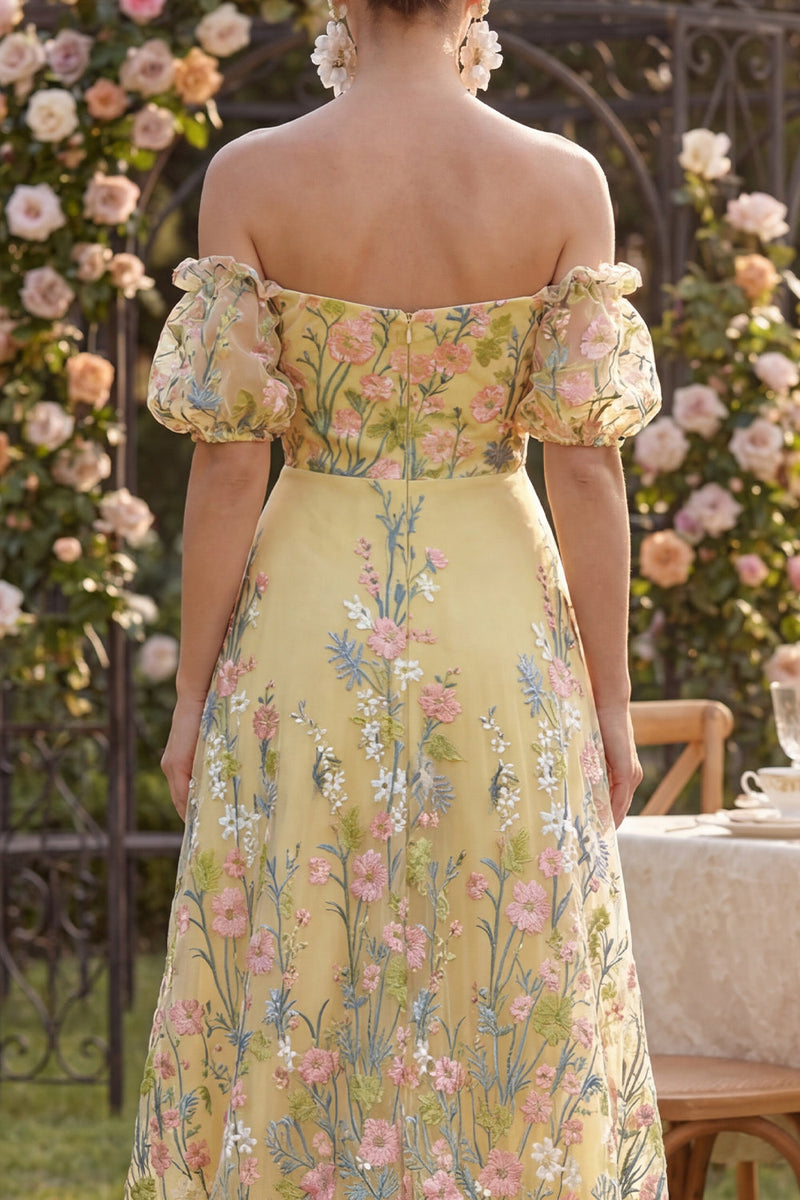 Load image into Gallery viewer, Yellow Puff Sleeves Floral A Line Butter High Low Formal Dress