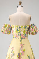 Load image into Gallery viewer, Yellow Puff Sleeves Floral A Line Butter High Low Formal Dress