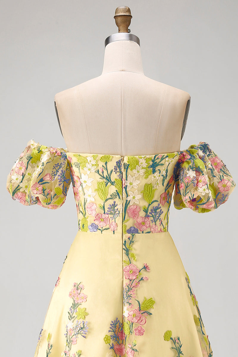 Load image into Gallery viewer, Yellow Puff Sleeves Floral A Line Butter High Low Formal Dress