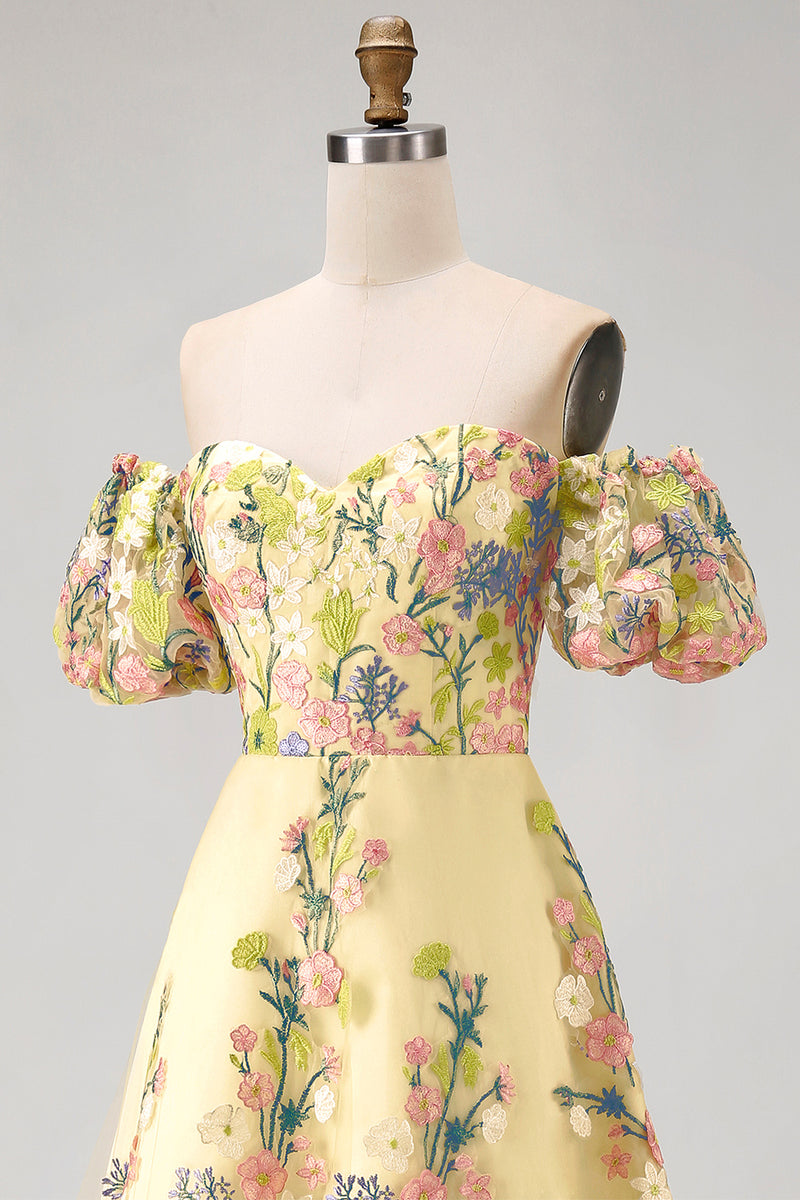 Load image into Gallery viewer, Yellow Puff Sleeves Floral A Line Butter High Low Formal Dress