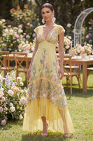 Load image into Gallery viewer, Yellow A Line Cap Sleeves Floral Butter Maxi Formal Dress with Ruffles