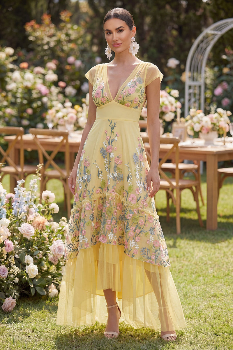 Load image into Gallery viewer, Yellow A Line Cap Sleeves Floral Butter Maxi Formal Dress with Ruffles
