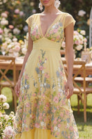 Load image into Gallery viewer, Yellow A Line Cap Sleeves Floral Butter Maxi Formal Dress with Ruffles