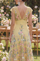 Load image into Gallery viewer, Yellow A Line Cap Sleeves Floral Butter Maxi Formal Dress with Ruffles