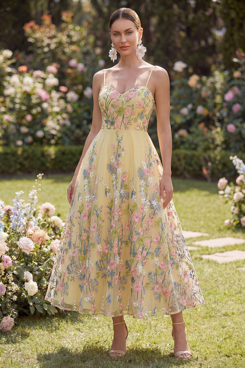 Load image into Gallery viewer, Yellow Spaghetti Straps Floral Butter A Line Maxi Formal Dress