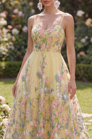 Load image into Gallery viewer, Yellow Spaghetti Straps Floral Butter A Line Maxi Formal Dress