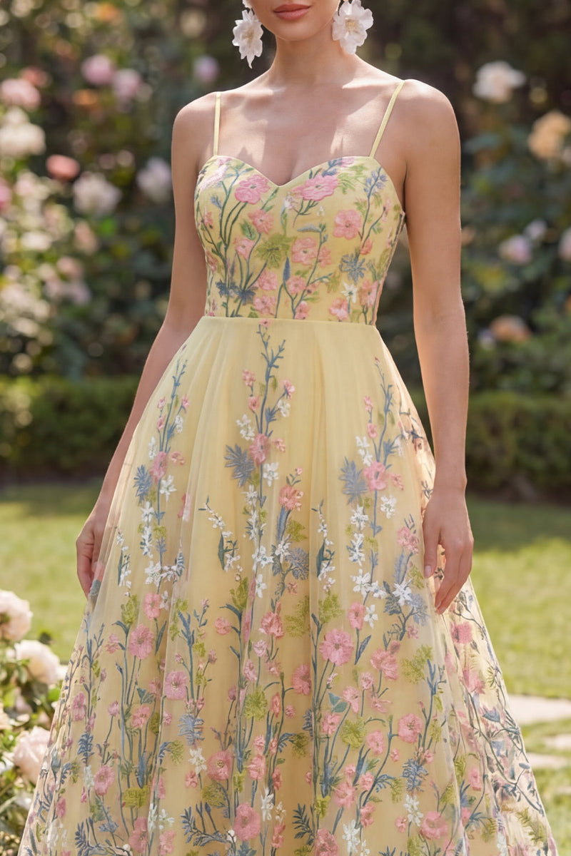 Load image into Gallery viewer, Yellow Spaghetti Straps Floral Butter A Line Maxi Formal Dress