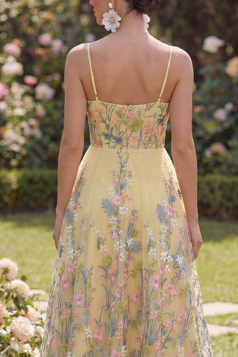 Load image into Gallery viewer, Yellow Spaghetti Straps Floral Butter A Line Maxi Formal Dress