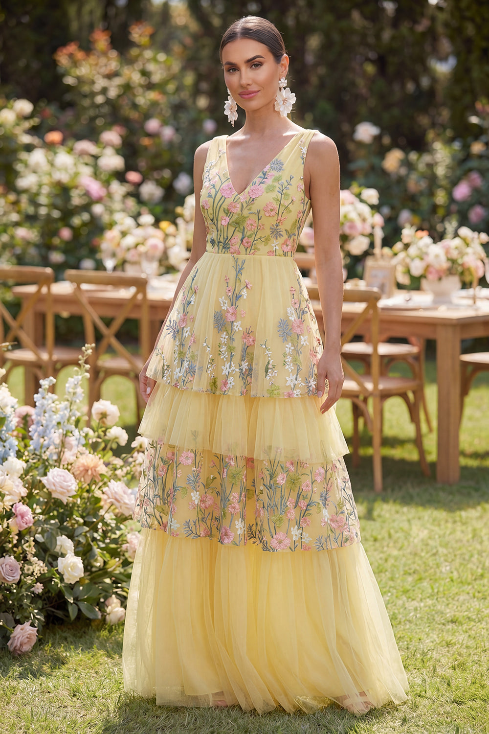 Queendancer Women Butter Yellow Floral A Line V-Neck Long Tiered Formal Dress with Ruffles – queendancer