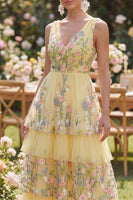 Load image into Gallery viewer, Yellow V-Neck A Line Floral Butter Long Formal Dress with Ruffles