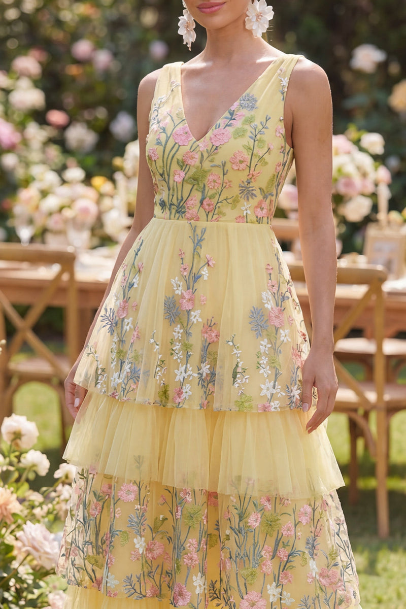 Load image into Gallery viewer, Yellow V-Neck A Line Floral Butter Long Formal Dress with Ruffles