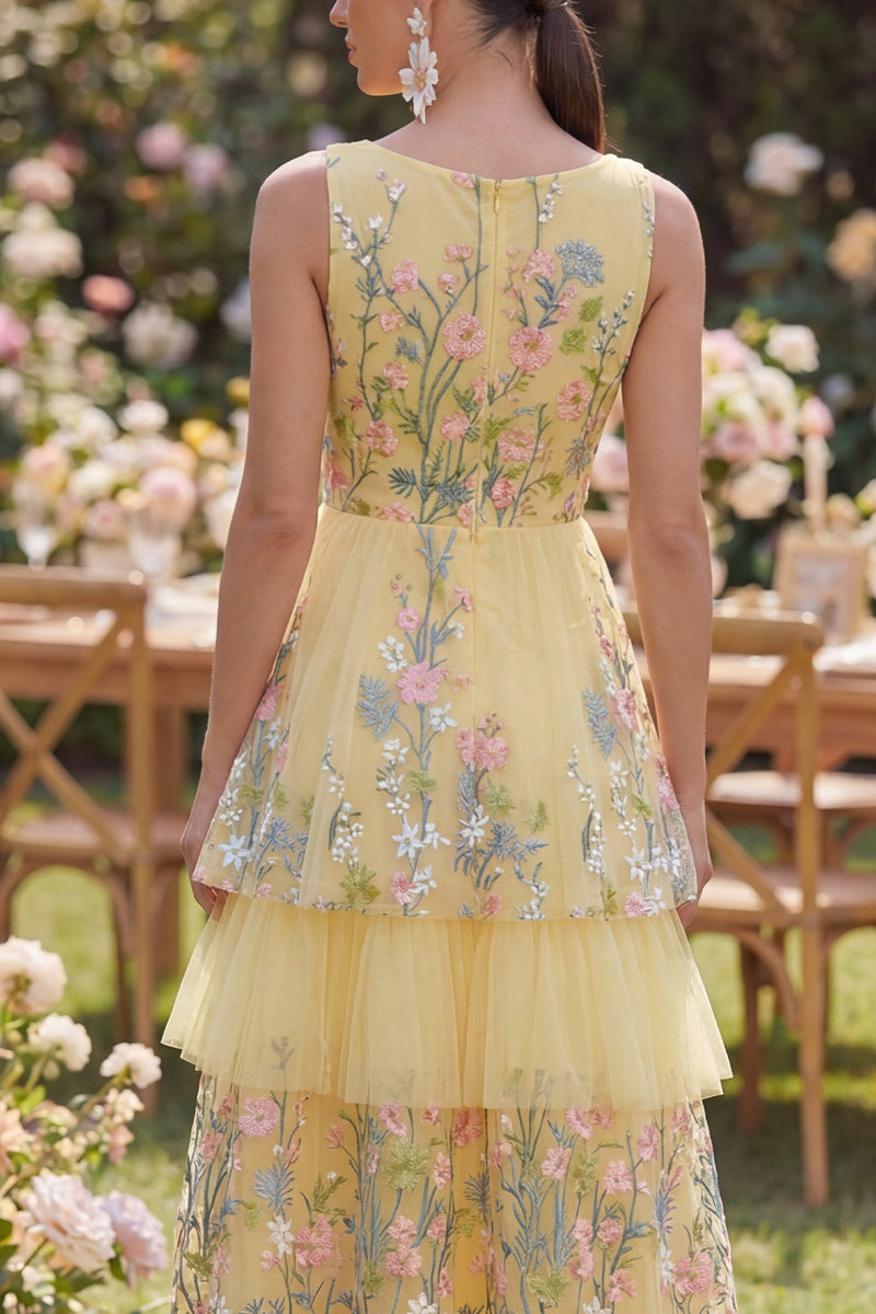 Load image into Gallery viewer, Yellow V-Neck A Line Floral Butter Long Formal Dress with Ruffles