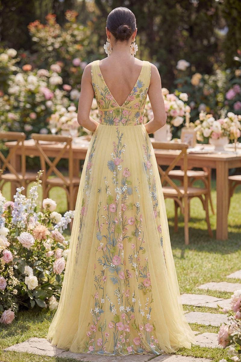 Queendancer Women Butter Yellow A Line V-Neck Floral Long Formal Dress – queendancer