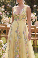 Load image into Gallery viewer, Yellow A Line V-Neck Floral Long Butter Formal Dress