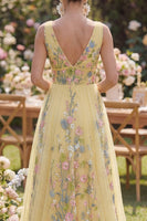 Load image into Gallery viewer, Yellow A Line V-Neck Floral Long Butter Formal Dress
