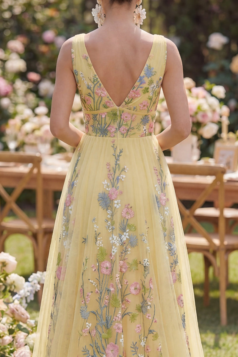 Load image into Gallery viewer, Yellow A Line V-Neck Floral Long Butter Formal Dress