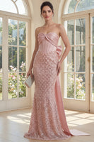 Load image into Gallery viewer, Sparkly Blush Strapless Beaded Mermaid Corset Long Formal Dress with Bow