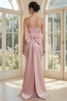 Sparkly Blush Strapless Beaded Mermaid Corset Long Formal Dress with Bow