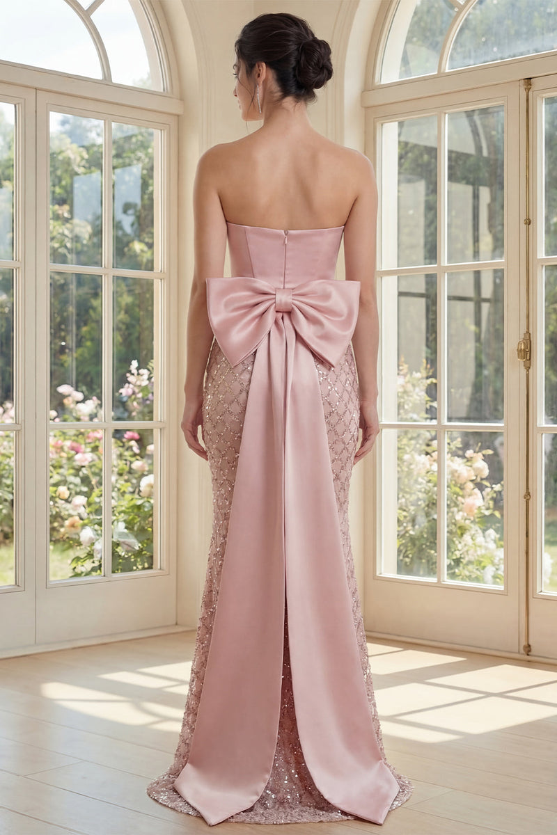 Load image into Gallery viewer, Sparkly Blush Strapless Beaded Mermaid Corset Long Formal Dress with Bow