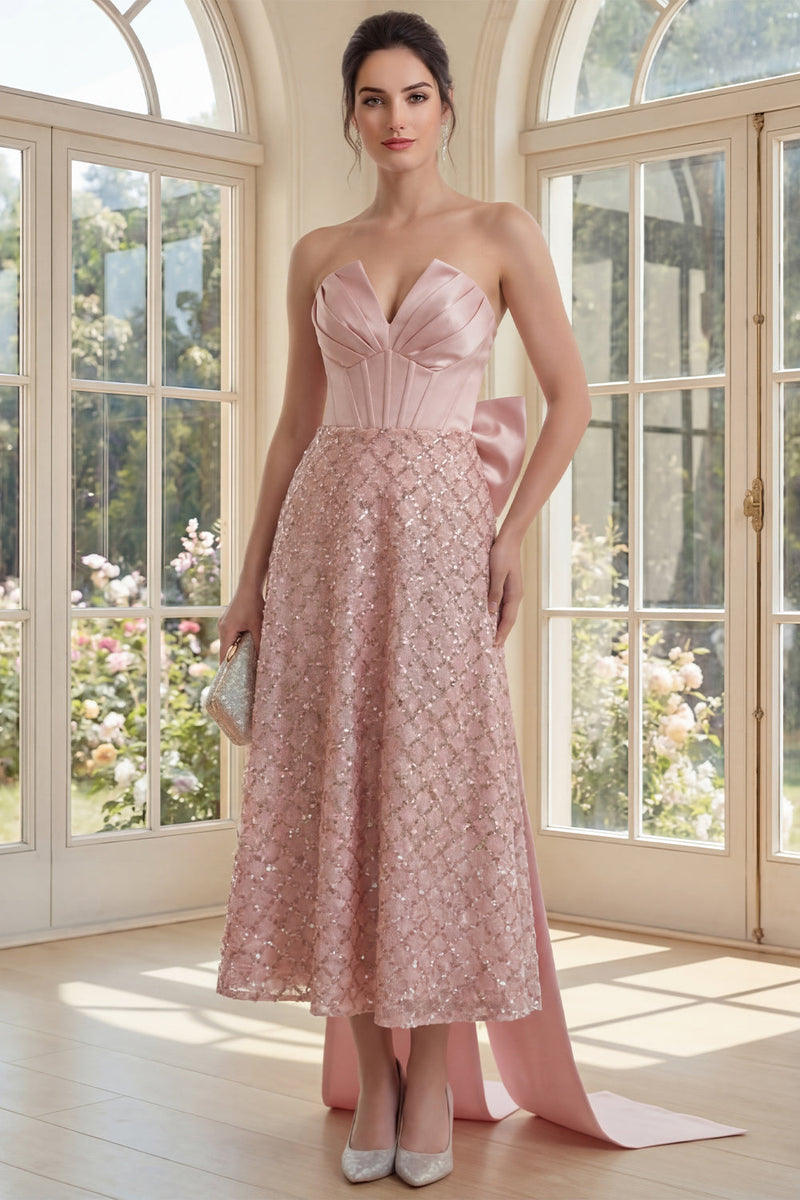 Load image into Gallery viewer, Sparkly Blush V-Neck Sequin A Line Corset Maxi Formal Dress with Bow