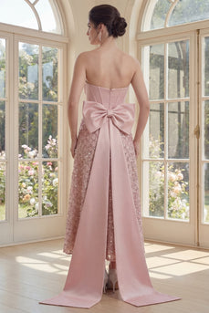 Sparkly Blush V-Neck Sequin A Line Corset Maxi Formal Dress with Bow