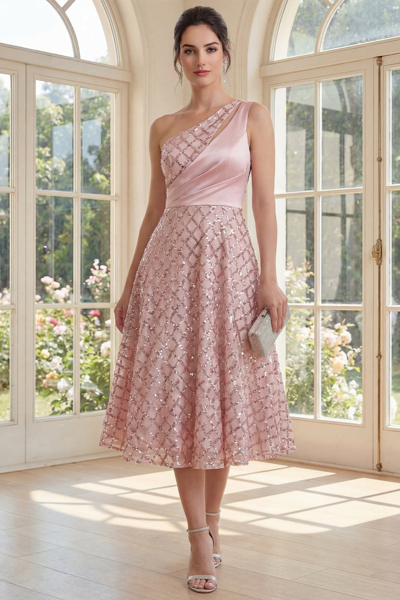 Load image into Gallery viewer, Sparkly Blush One Shoulder A Line Keyhole Maxi Formal Dress with Sequin