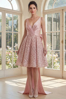Load image into Gallery viewer, Sparkly Blush V-Neck A Line Short Sequin Ruched Homecoming Dress with Bow