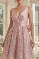 Load image into Gallery viewer, Sparkly Blush V-Neck A Line Short Sequin Ruched Homecoming Dress with Bow