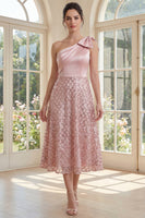 Load image into Gallery viewer, Sparkly Blush One Shoulder Sequin Maxi A Line Formal Dress with Bow