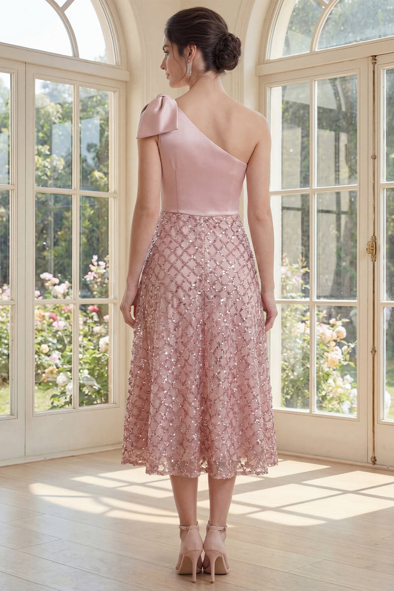 Load image into Gallery viewer, Sparkly Blush One Shoulder Sequin Maxi A Line Formal Dress with Bow