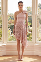 Load image into Gallery viewer, Sparkly Blush One Shoulder Sequin Asymmetrical Homecoming Dress with Bow