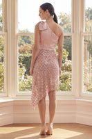 Load image into Gallery viewer, Sparkly Blush One Shoulder Sequin Asymmetrical Homecoming Dress with Bow