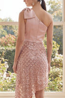 Load image into Gallery viewer, Sparkly Blush One Shoulder Sequin Asymmetrical Homecoming Dress with Bow