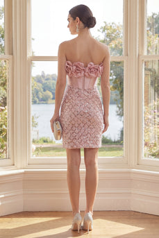 Sparkly Blush Strapless Sequin Short Corset Homecoming Dress with 3D Flowers