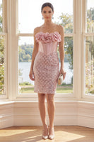 Load image into Gallery viewer, Sparkly Blush Strapless Sequin Short Corset Homecoming Dress with 3D Flowers