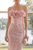 Load image into Gallery viewer, Sparkly Blush Strapless Sequin Short Corset Homecoming Dress with 3D Flowers
