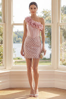 Load image into Gallery viewer, Sparkly Blush Corset Tight Short Sequin Homecoming Dress with 3D Flowers