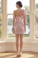Load image into Gallery viewer, Sparkly Blush Corset Tight Short Sequin Homecoming Dress with 3D Flowers