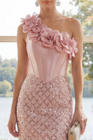 Load image into Gallery viewer, Sparkly Blush Corset Tight Short Sequin Homecoming Dress with 3D Flowers
